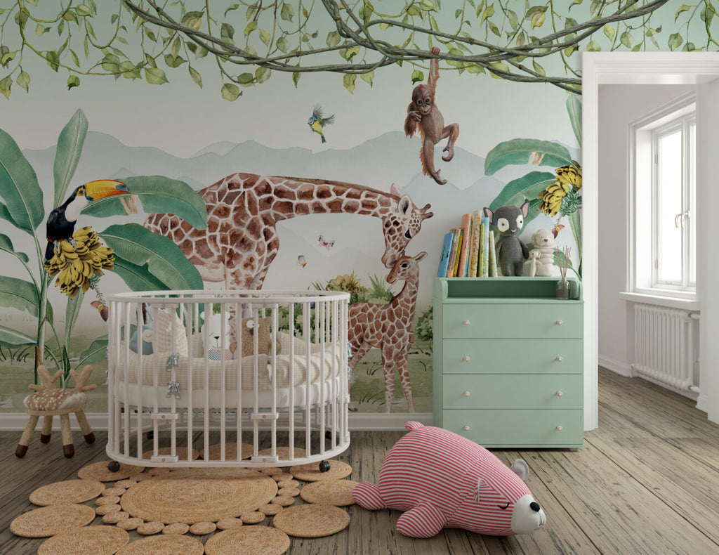 Safari Pairs Wallpaper : Giraffes and Zebras Jungle Mural - View 3