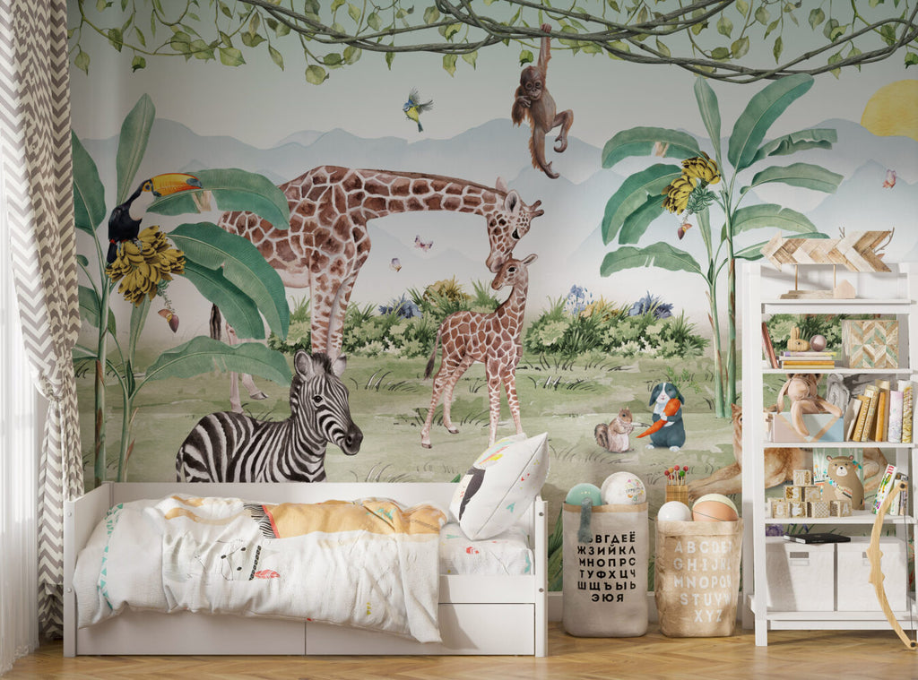 Safari Pairs Wallpaper : Giraffes and Zebras Jungle Mural - View 4