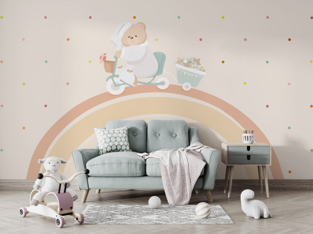 Rainbow Bike Ride Wallpaper : Pastel Bunny Nursery Mural - View 5