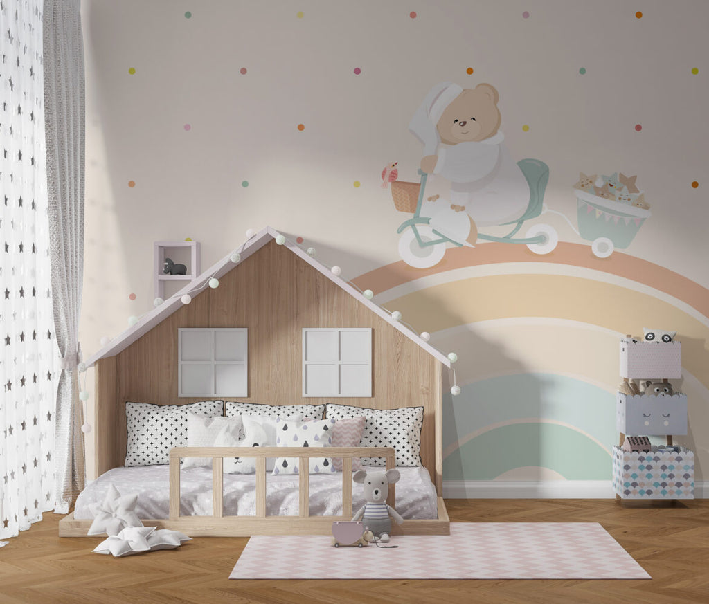 Rainbow Bike Ride Wallpaper : Pastel Bunny Nursery Mural - View 6