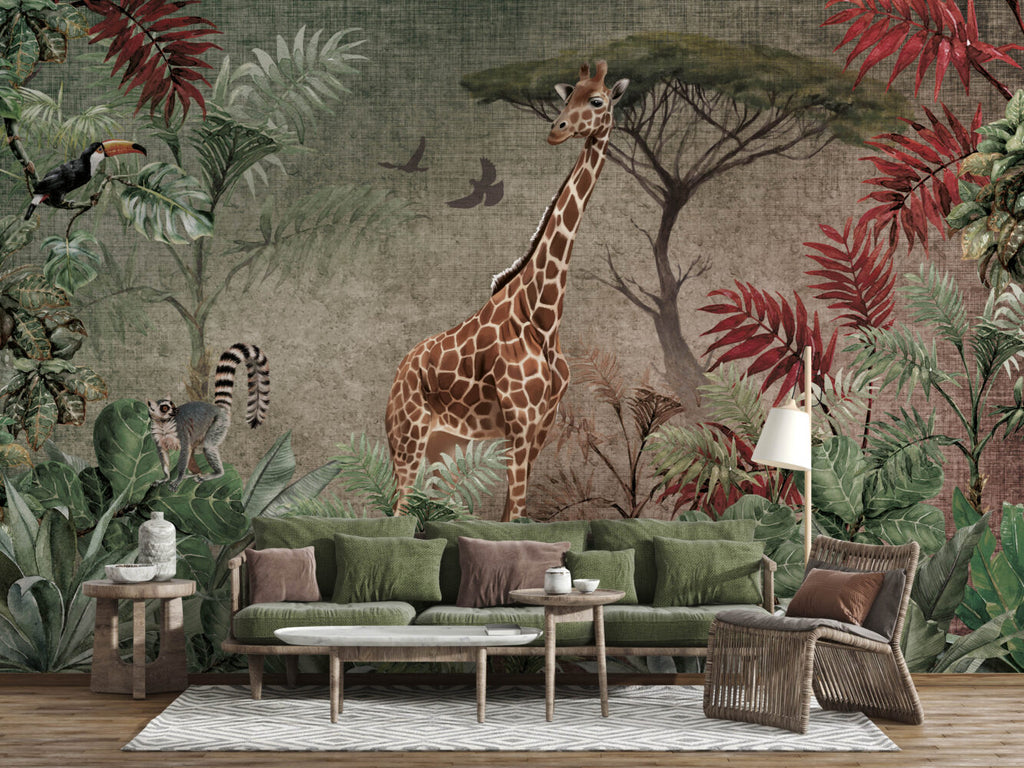 Giraffe Jungle Wallpaper : Red Leaf Safari Mural
