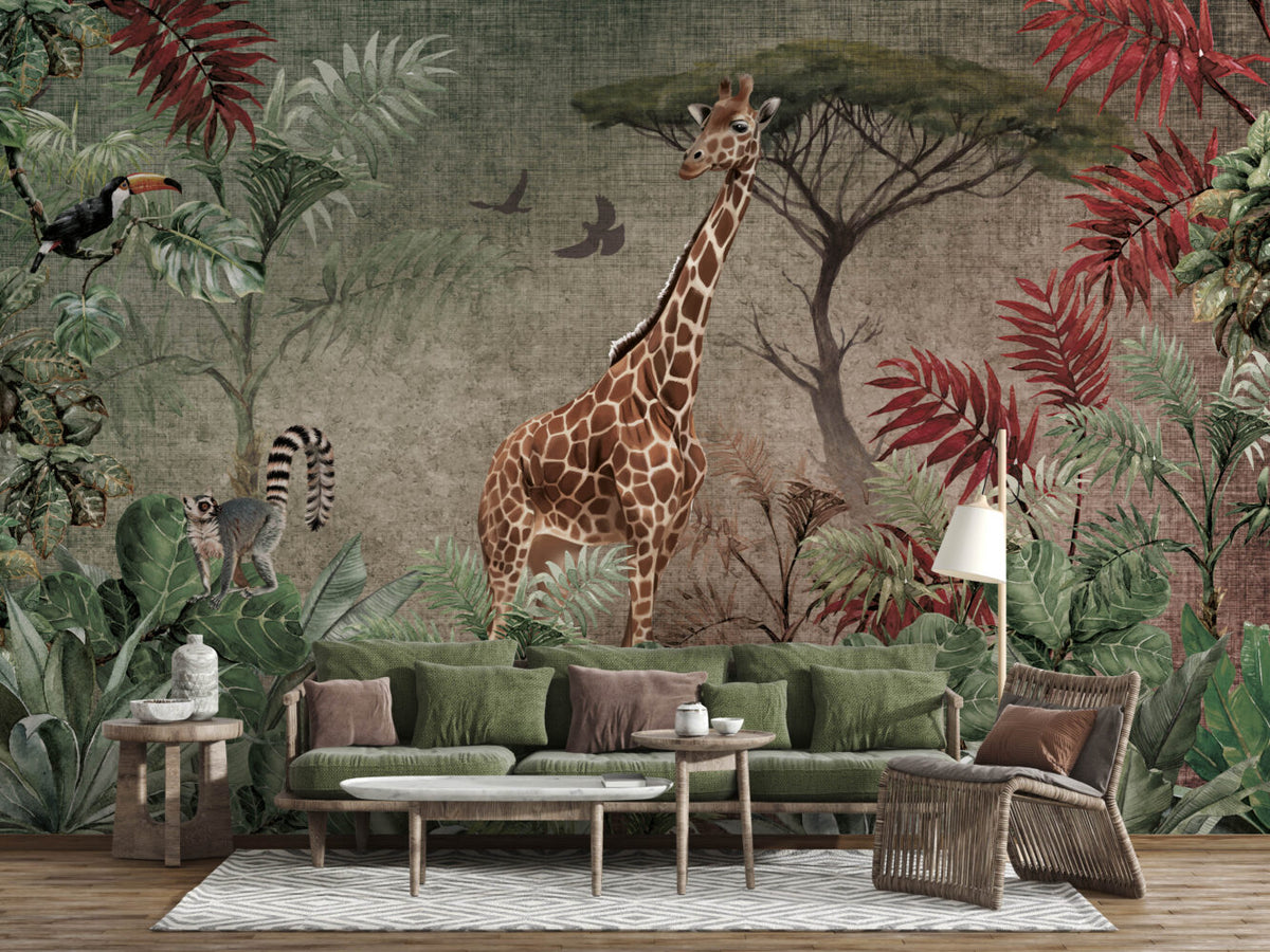 Giraffe Jungle Wallpaper : Red Leaf Safari Mural