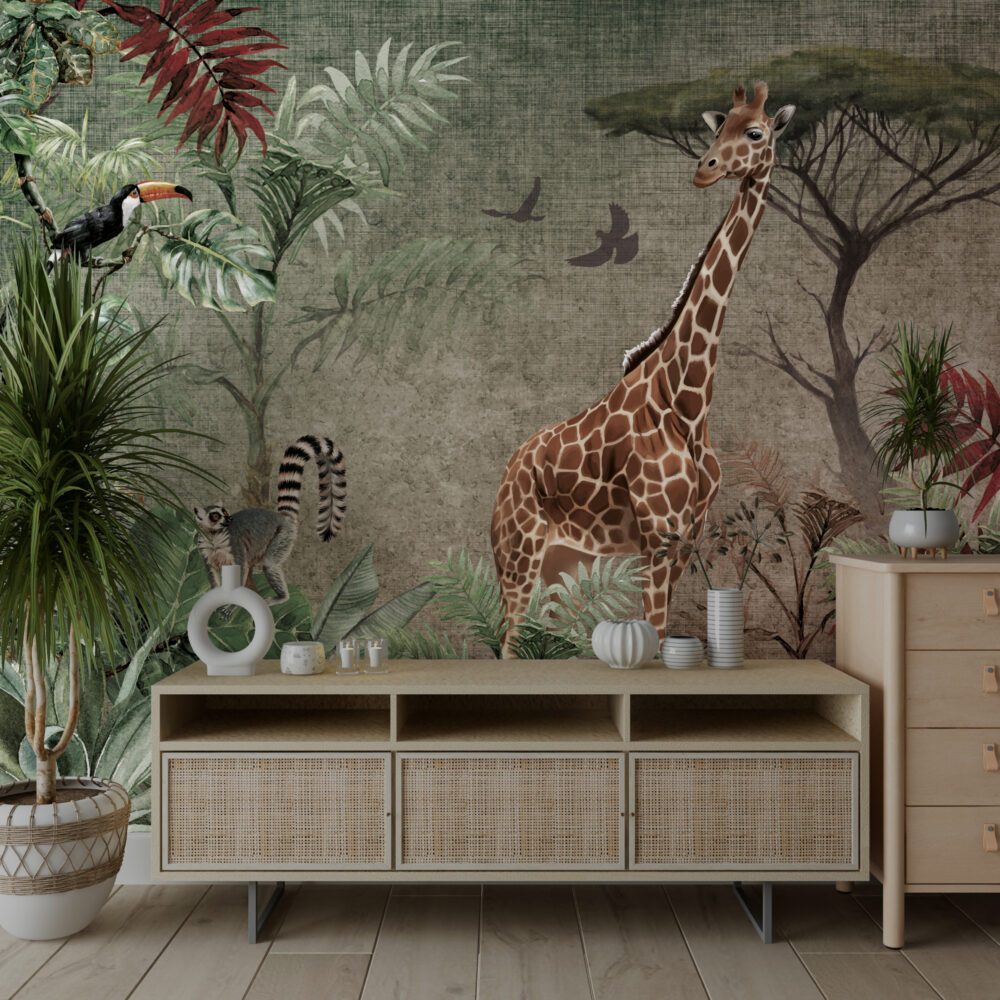 Giraffe Jungle Wallpaper : Red Leaf Safari Mural - View 2