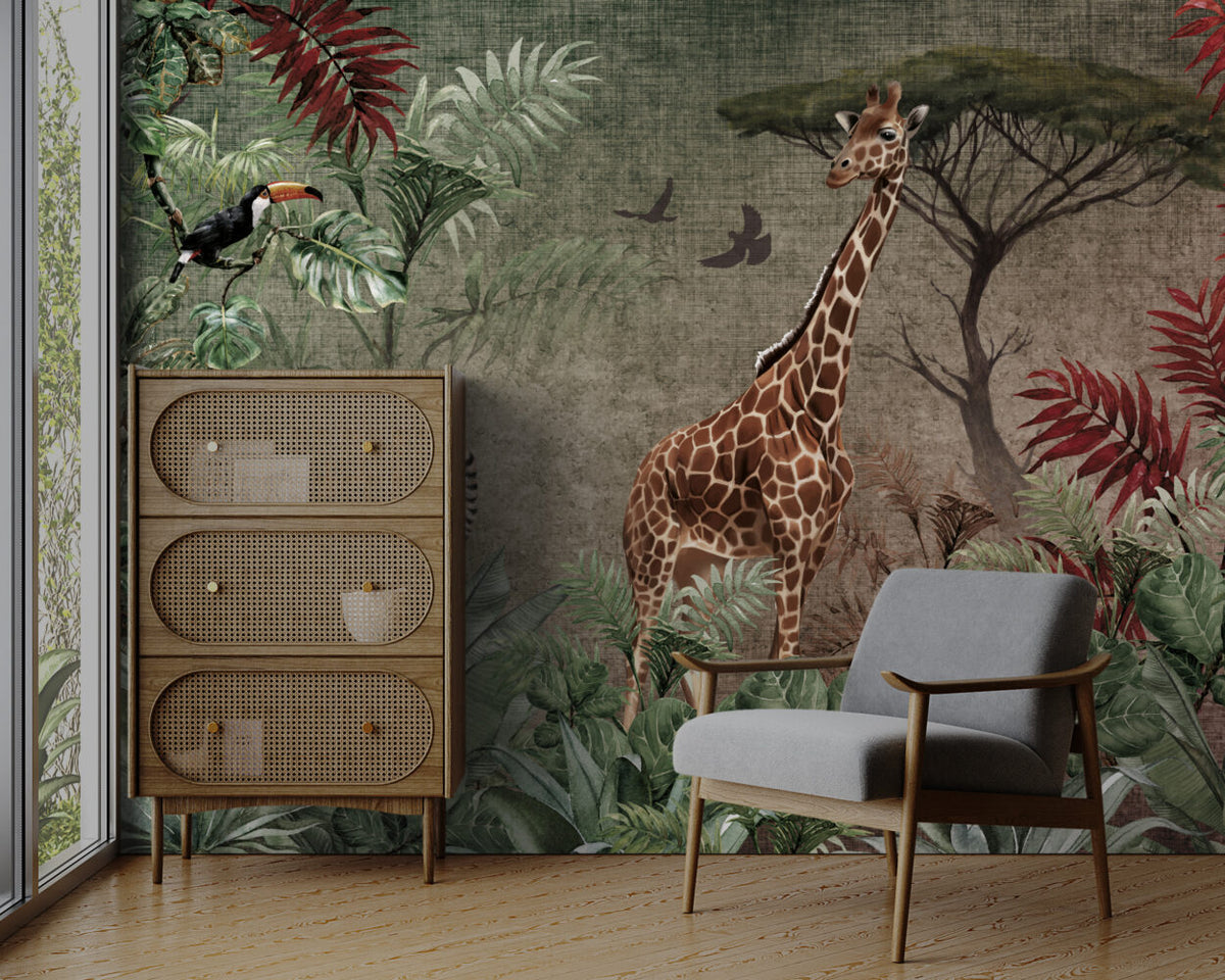 Giraffe Jungle Wallpaper : Red Leaf Safari Mural - View 3