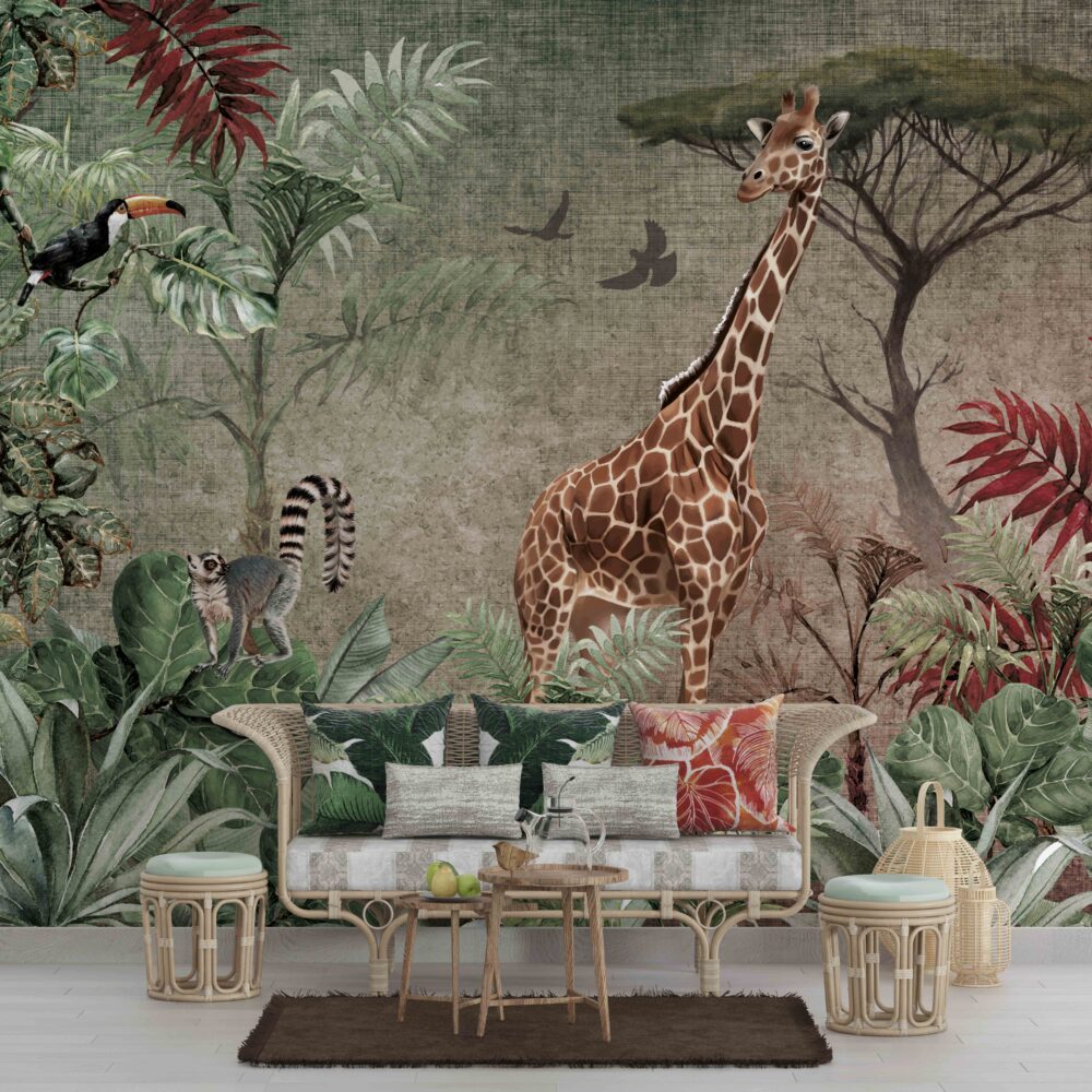 Giraffe Jungle Wallpaper : Red Leaf Safari Mural - View 5