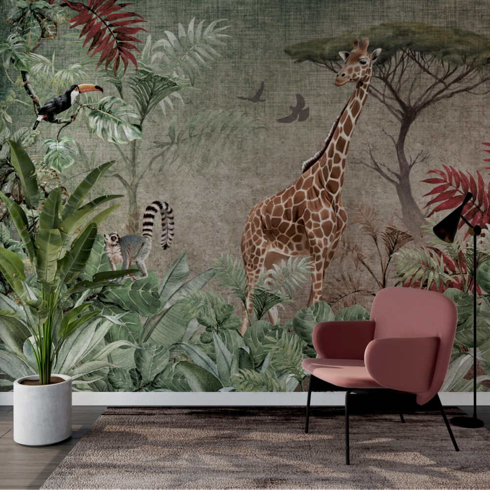 Giraffe Jungle Wallpaper : Red Leaf Safari Mural - View 4