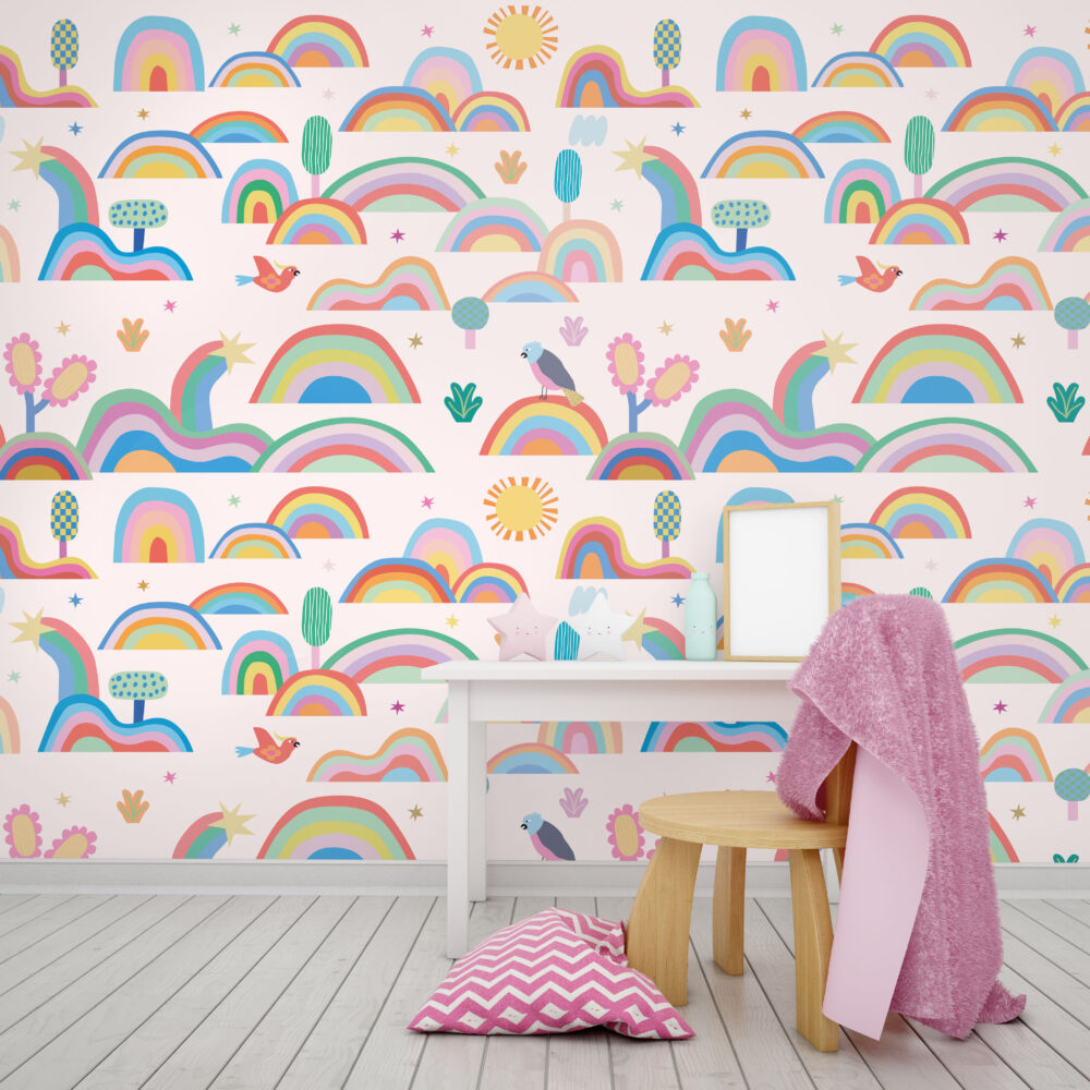 Colorful Rainbows Wallpaper : Sun and Hills Kids Pattern