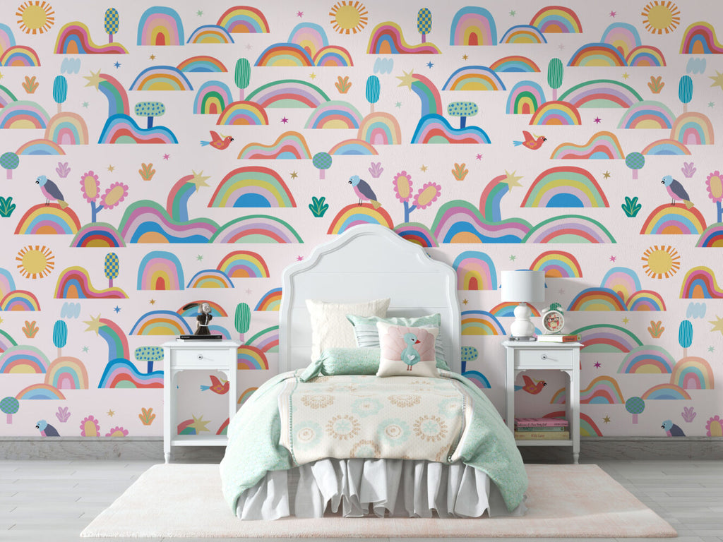 Colorful Rainbows Wallpaper : Sun and Hills Kids Pattern - View 4