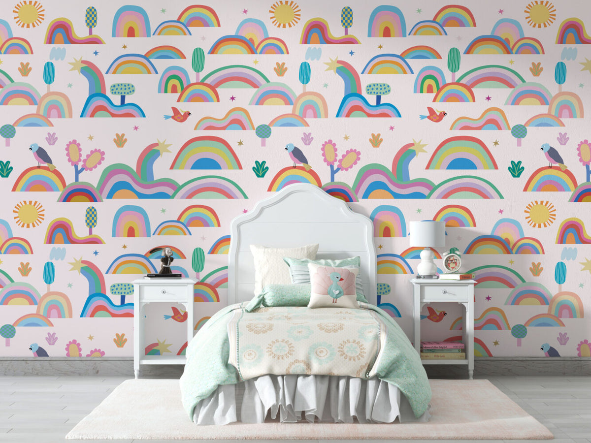 Colorful Rainbows Wallpaper : Sun and Hills Kids Pattern - View 4