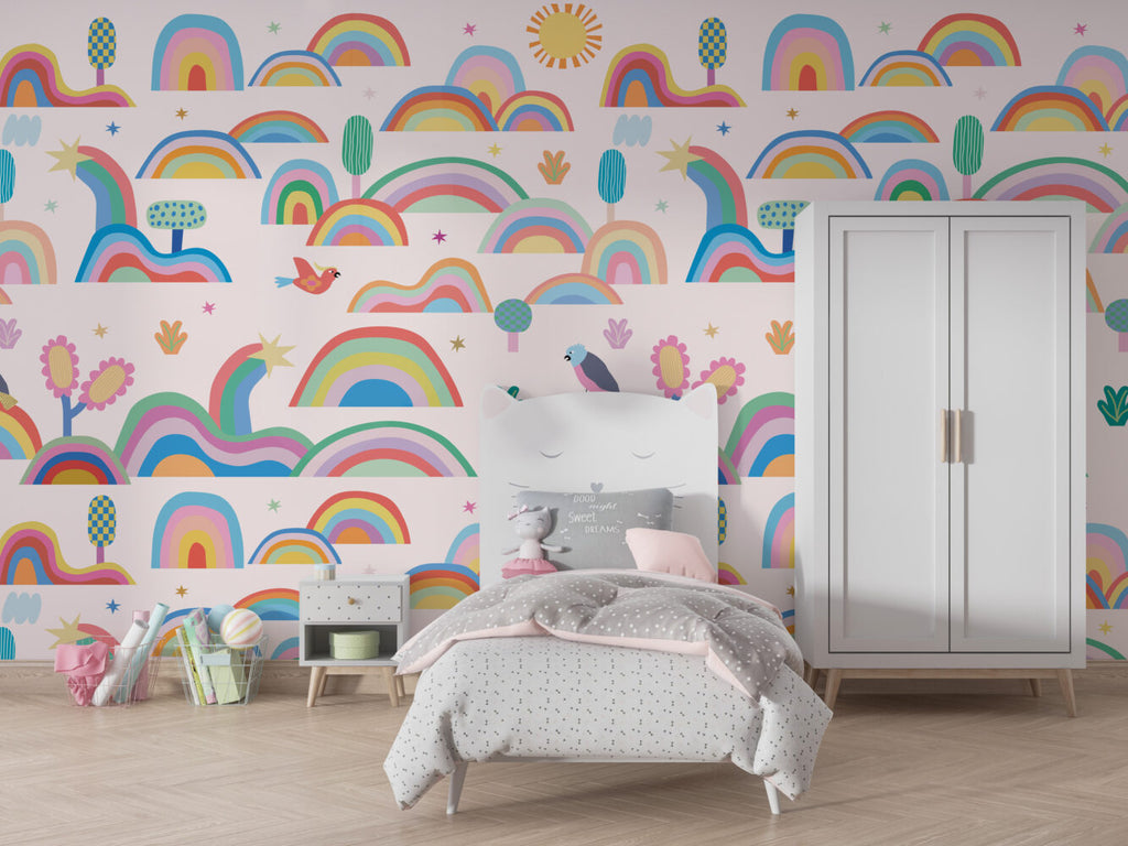 Colorful Rainbows Wallpaper : Sun and Hills Kids Pattern - View 5
