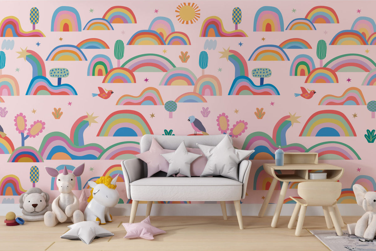 Colorful Rainbows Wallpaper : Sun and Hills Kids Pattern - View 6