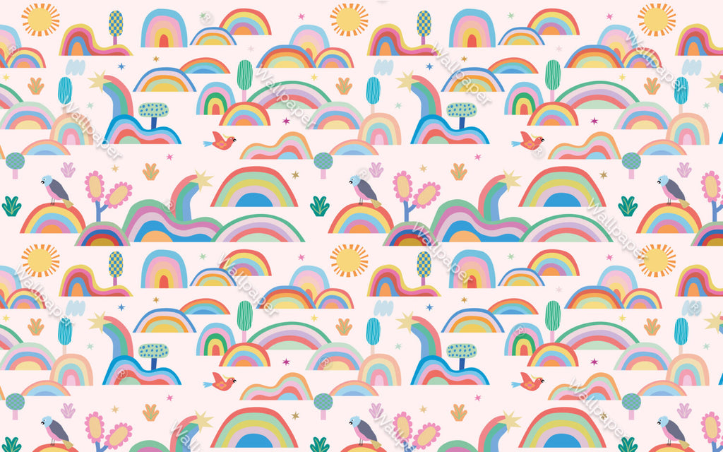 Colorful Rainbows Wallpaper : Sun and Hills Kids Pattern - View 2