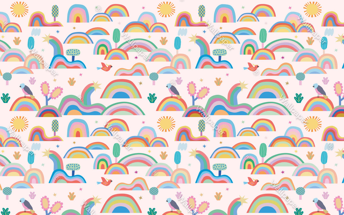 Colorful Rainbows Wallpaper : Sun and Hills Kids Pattern - View 2