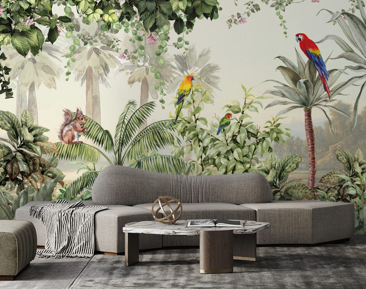 Jungle Parrots Wallpaper : Lush Green Forest Mural - View 3
