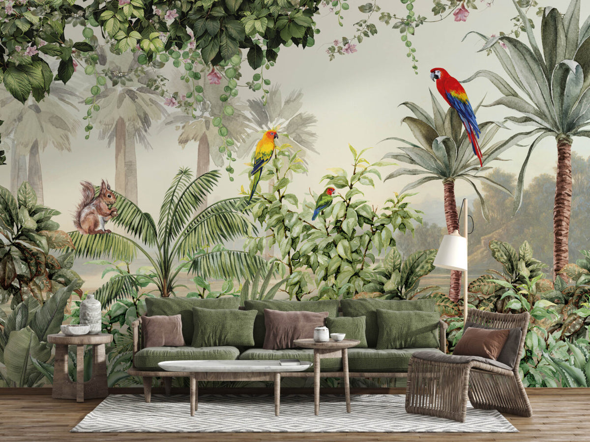 Jungle Parrots Wallpaper : Lush Green Forest Mural - View 5