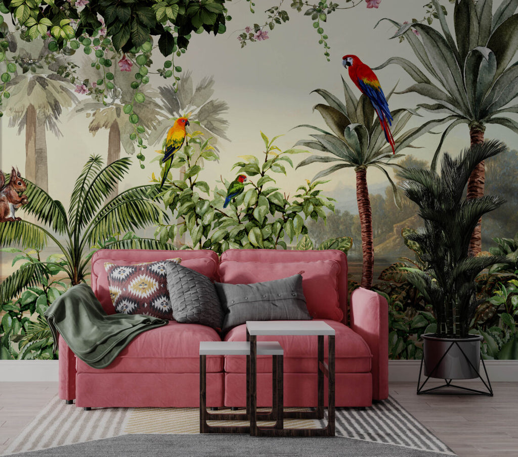 Jungle Parrots Wallpaper : Lush Green Forest Mural - View 6