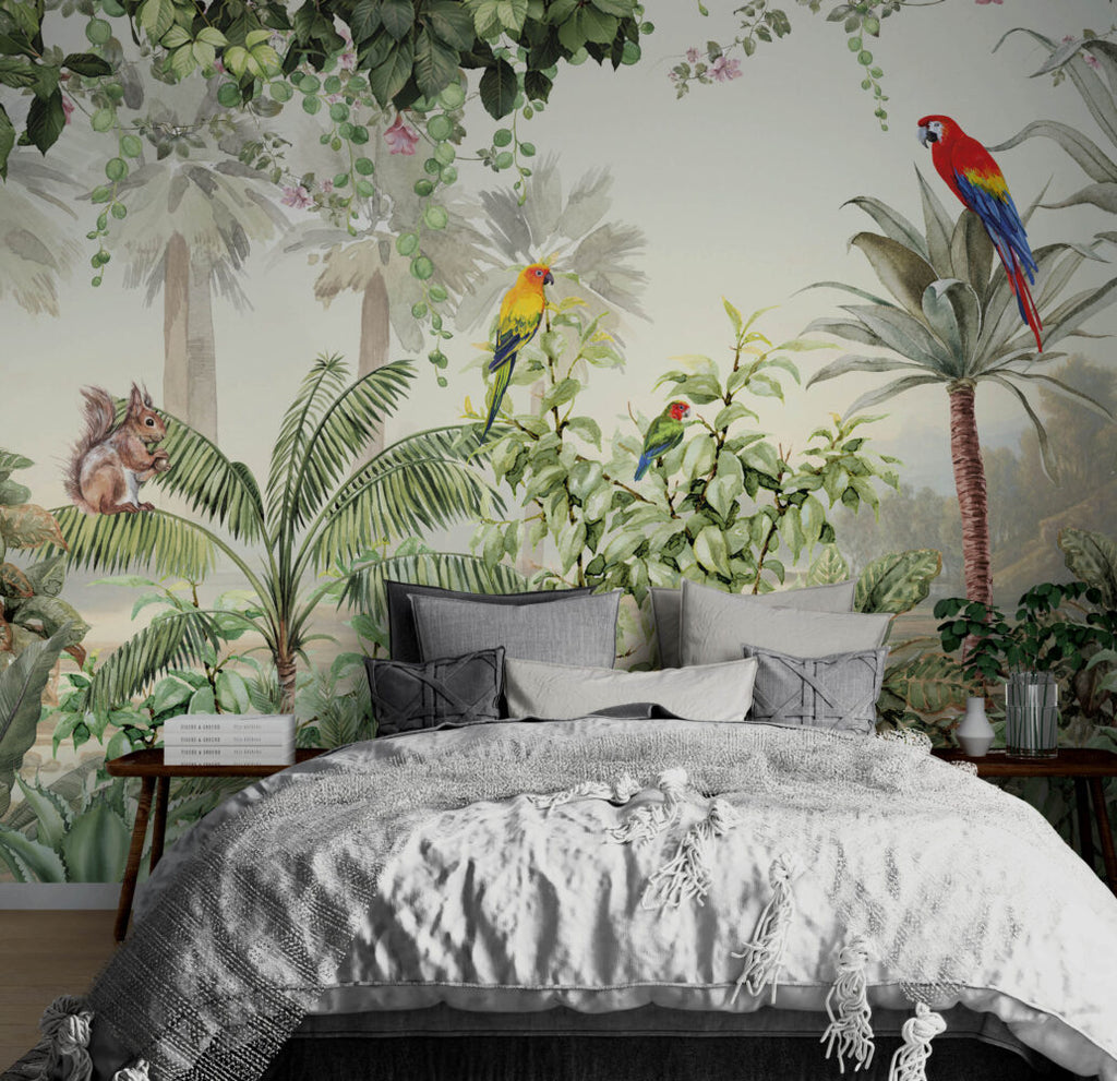 Jungle Parrots Wallpaper : Lush Green Forest Mural