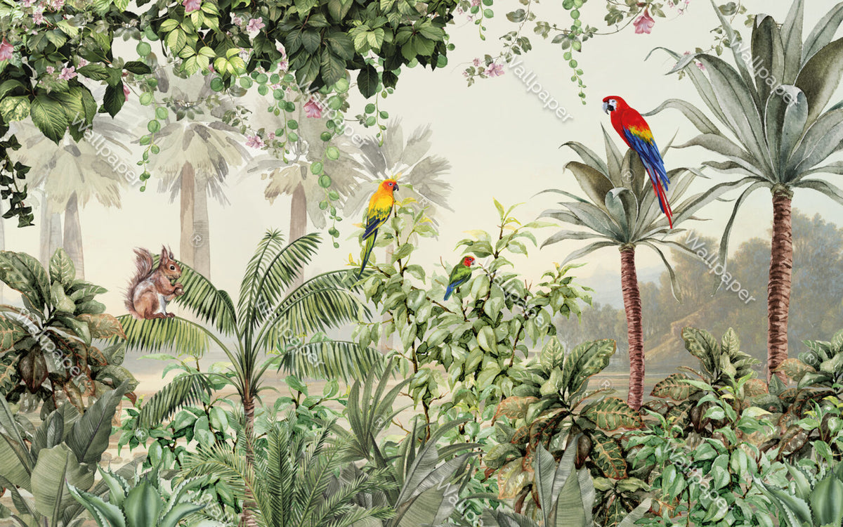 Jungle Parrots Wallpaper : Lush Green Forest Mural - View 2