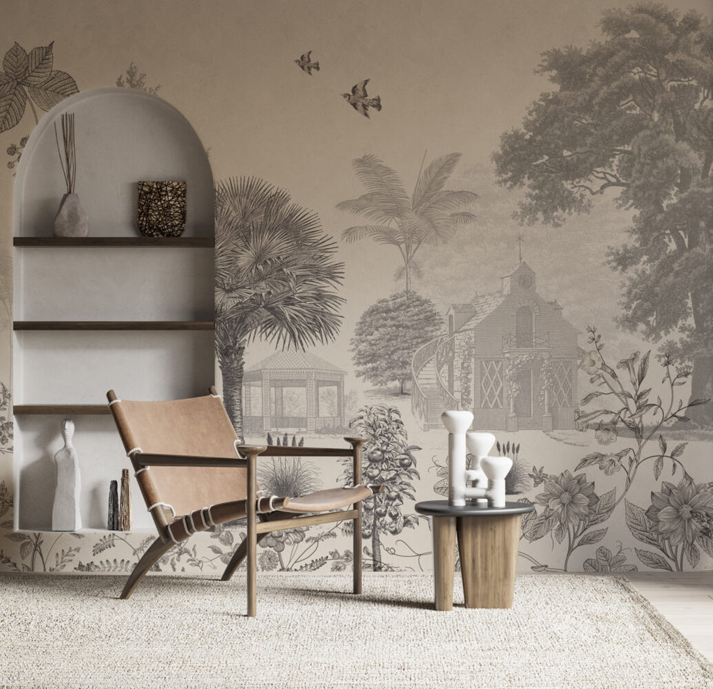Sepia Etched Village Wallpaper : Gazebo and Palms Mural - View 3