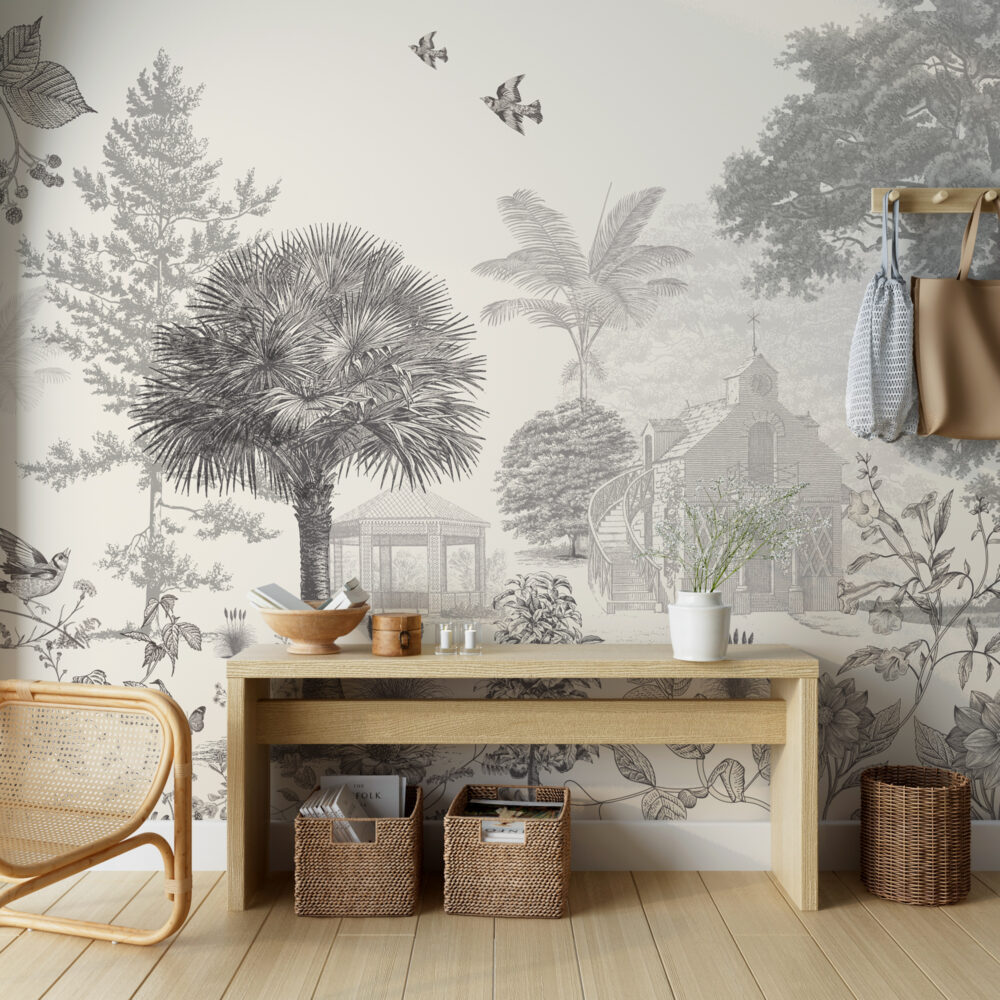 Sepia Etched Village Wallpaper : Gazebo and Palms Mural - View 4