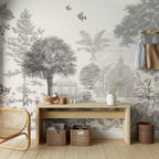 Sepia Etched Village Wallpaper : Gazebo and Palms Mural - View 4