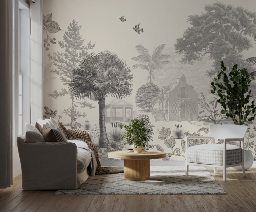 Sepia Etched Village Wallpaper : Gazebo and Palms Mural - View 5