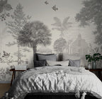 Sepia Etched Village Wallpaper : Gazebo and Palms Mural - View 6