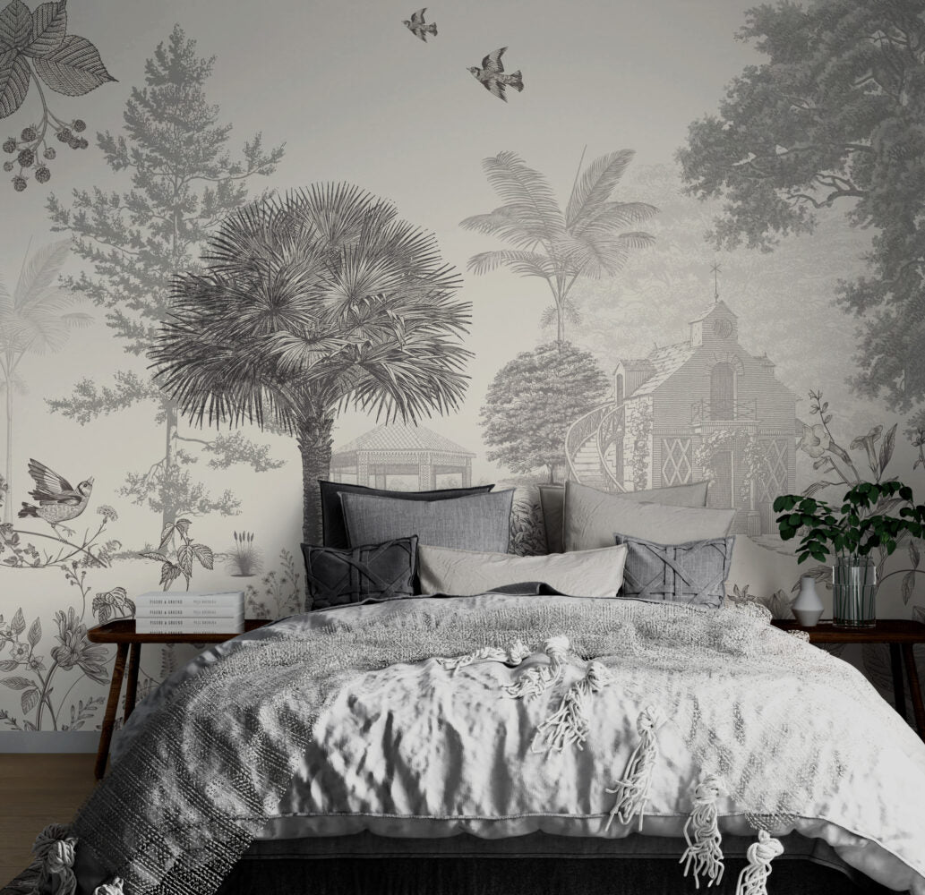 Sepia Etched Village Wallpaper : Gazebo and Palms Mural - View 6