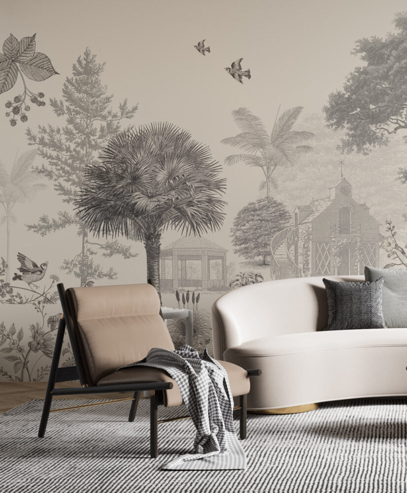 Sepia Etched Village Wallpaper : Gazebo and Palms Mural