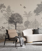 Sepia Etched Village Wallpaper : Gazebo and Palms Mural
