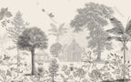 Sepia Etched Village Wallpaper : Gazebo and Palms Mural - View 2