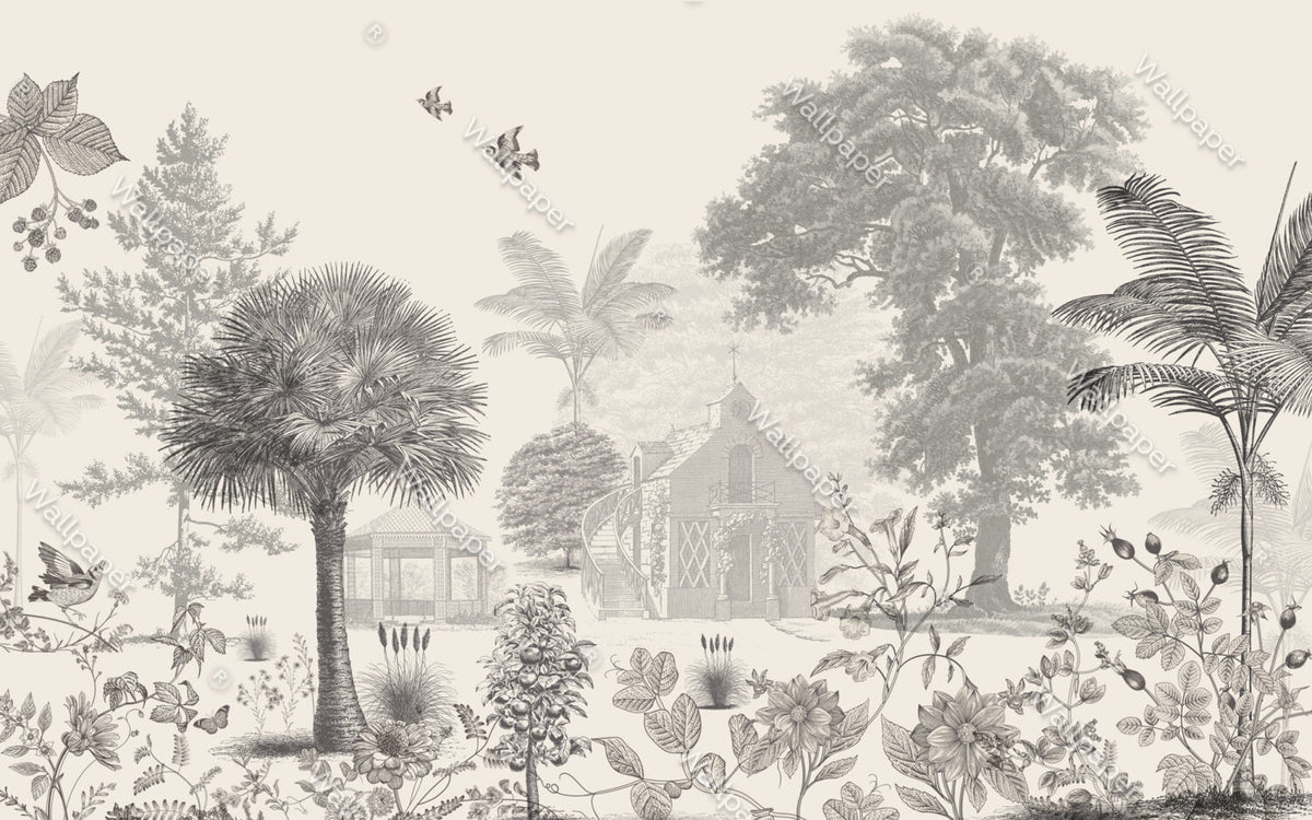 Sepia Etched Village Wallpaper : Gazebo and Palms Mural - View 2