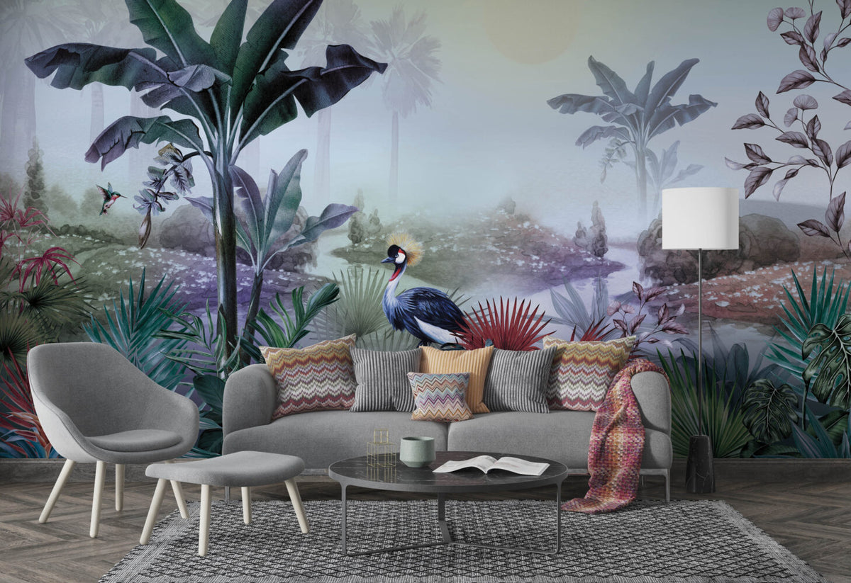 Crowned Crane Wallpaper : Misty Riverside Jungle Mural - View 3