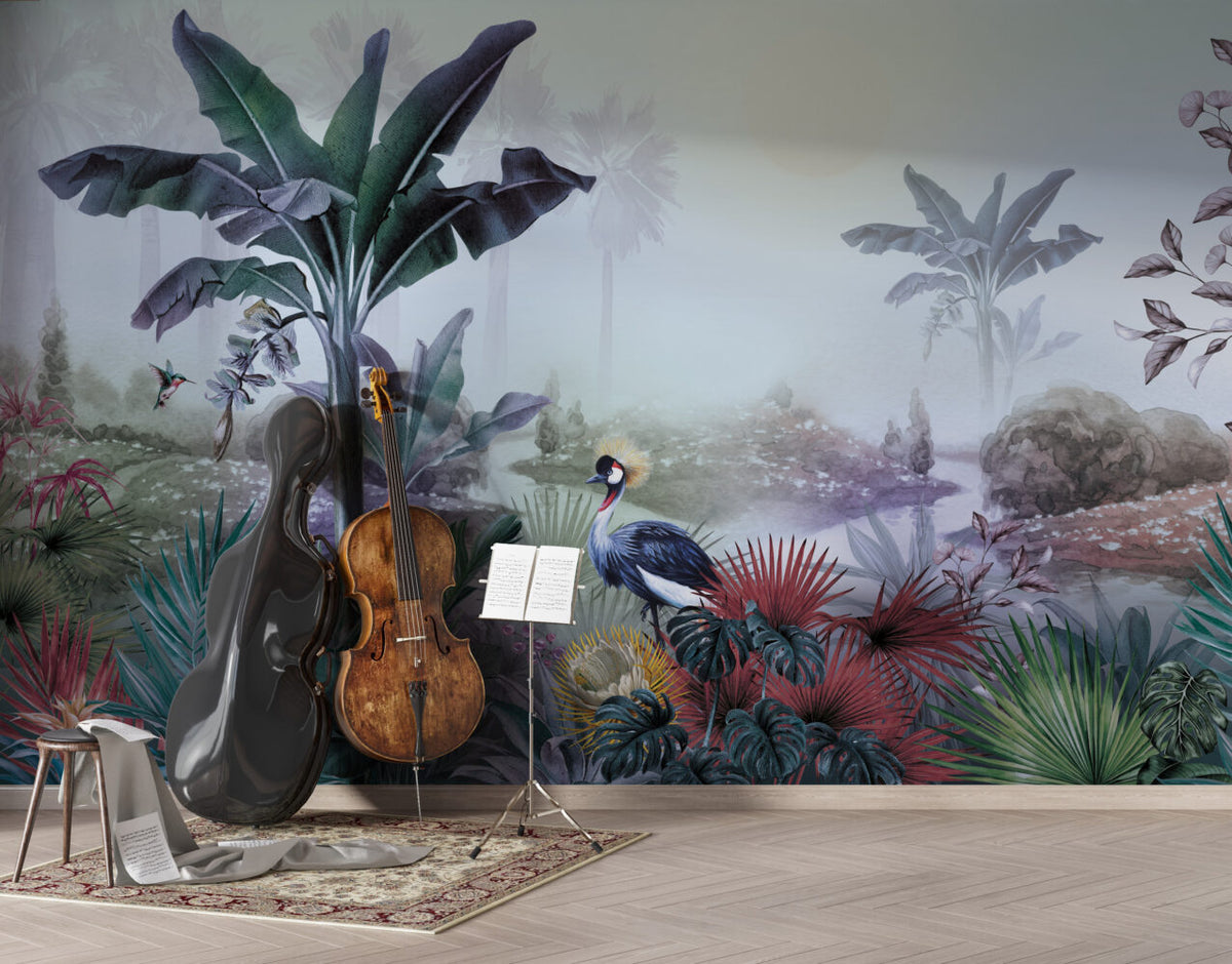 Crowned Crane Wallpaper : Misty Riverside Jungle Mural
