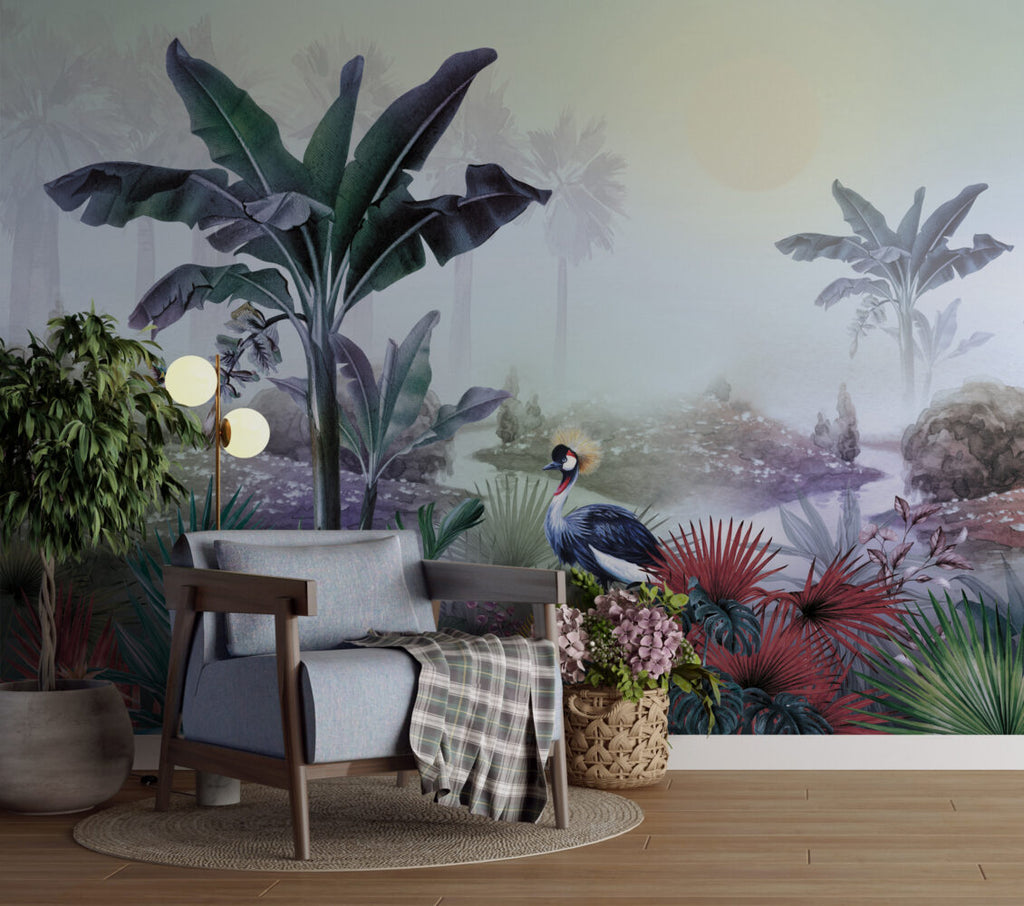 Crowned Crane Wallpaper : Misty Riverside Jungle Mural - View 4