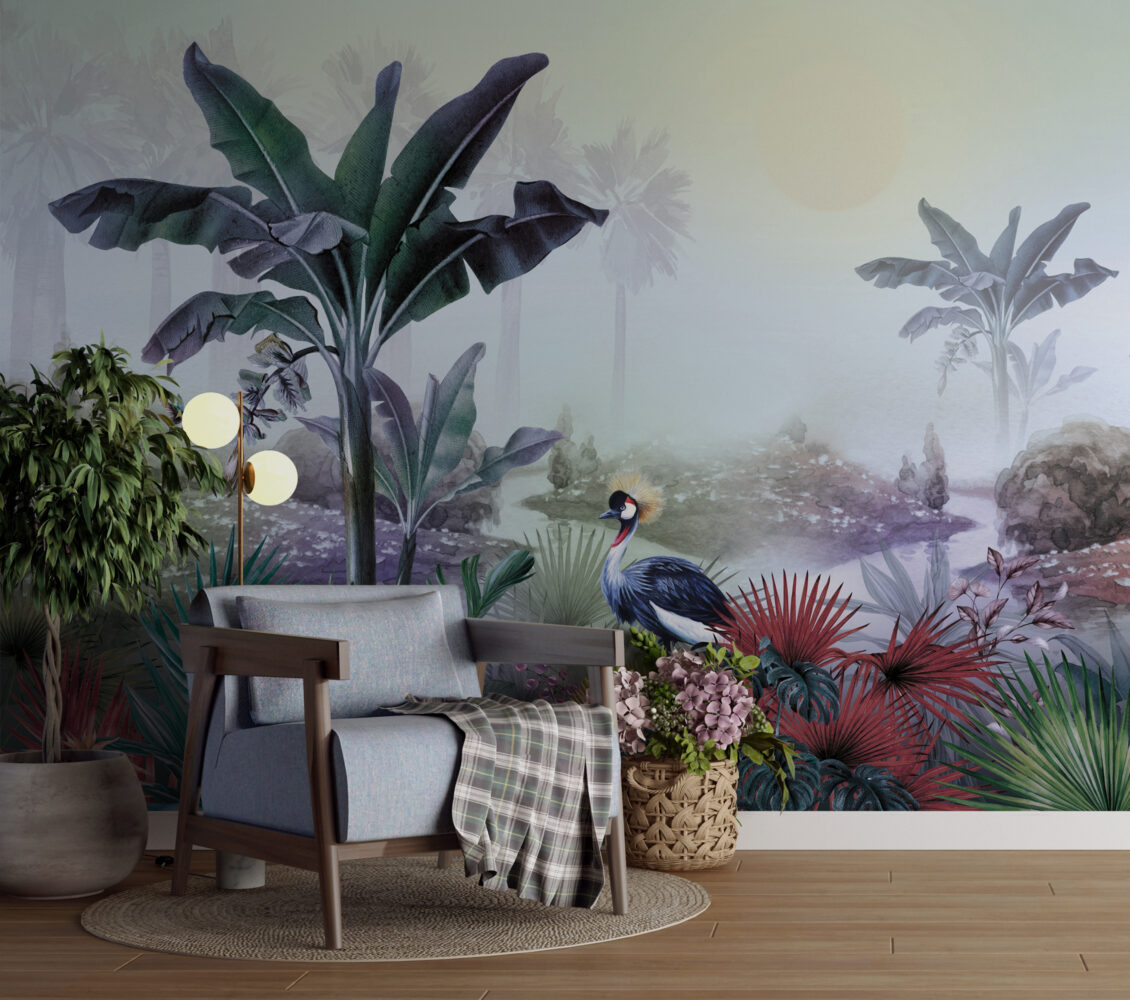 Crowned Crane Wallpaper : Misty Riverside Jungle Mural - View 4