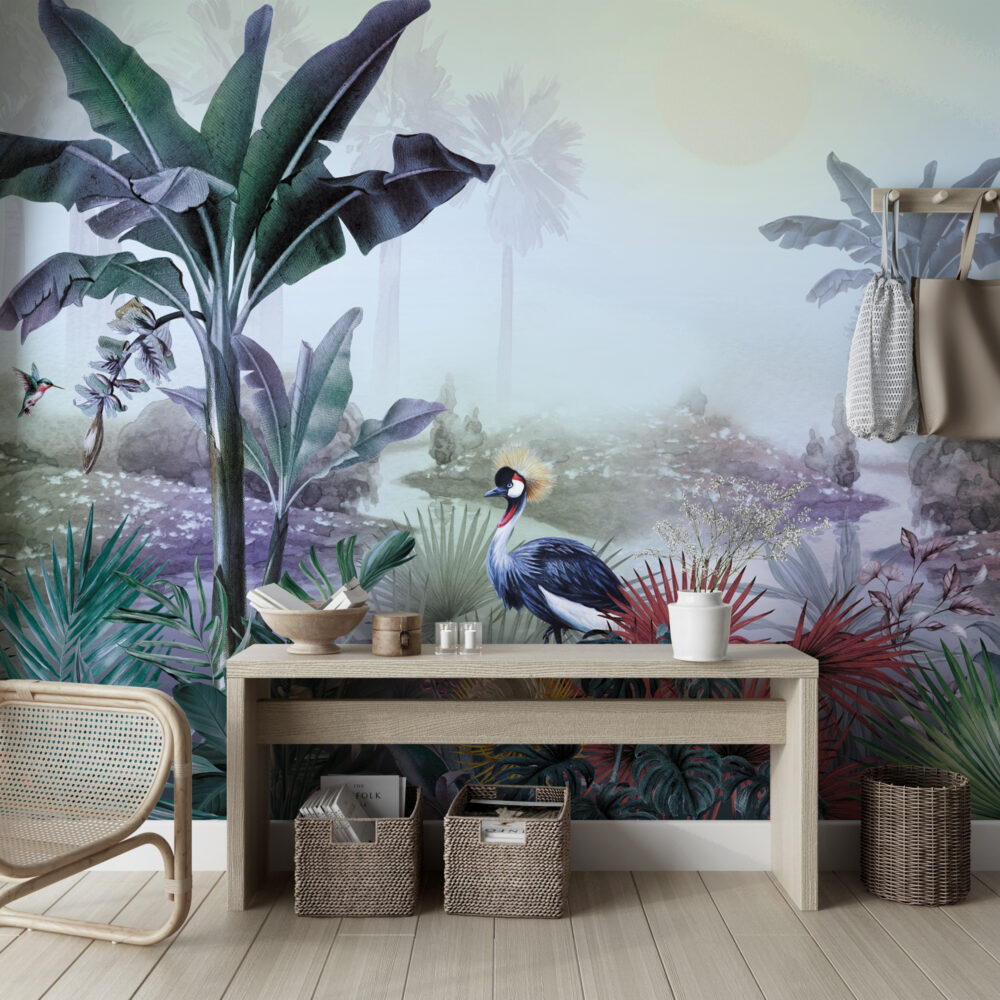 Crowned Crane Wallpaper : Misty Riverside Jungle Mural - View 5