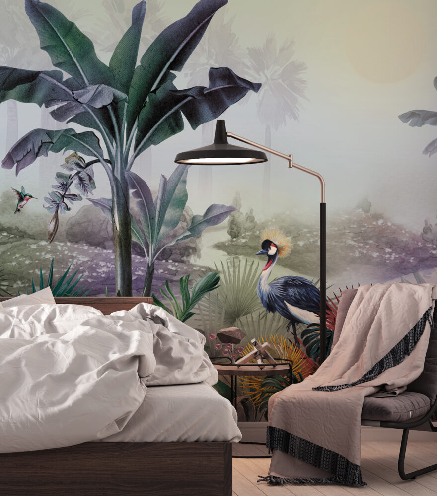 Crowned Crane Wallpaper : Misty Riverside Jungle Mural - View 6