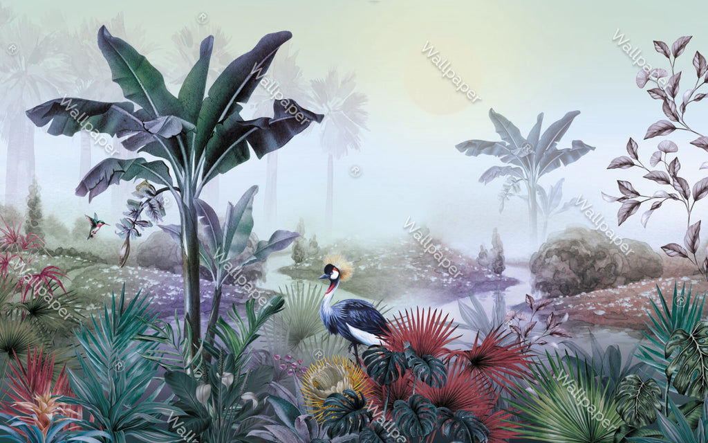 Crowned Crane Wallpaper : Misty Riverside Jungle Mural - View 2