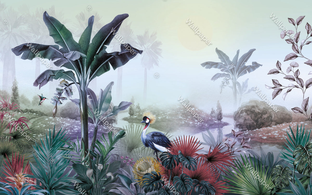 Crowned Crane Wallpaper : Misty Riverside Jungle Mural - View 2