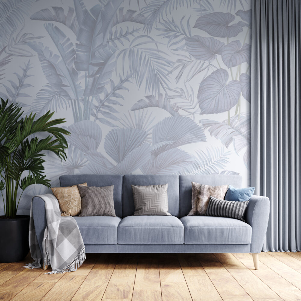 Soft Grey Leaves Wallpaper : Monochrome Palm Fronds Mural - View 3