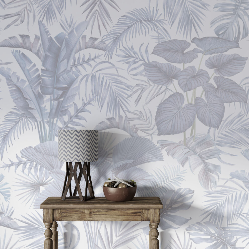 Soft Grey Leaves Wallpaper : Monochrome Palm Fronds Mural - View 5