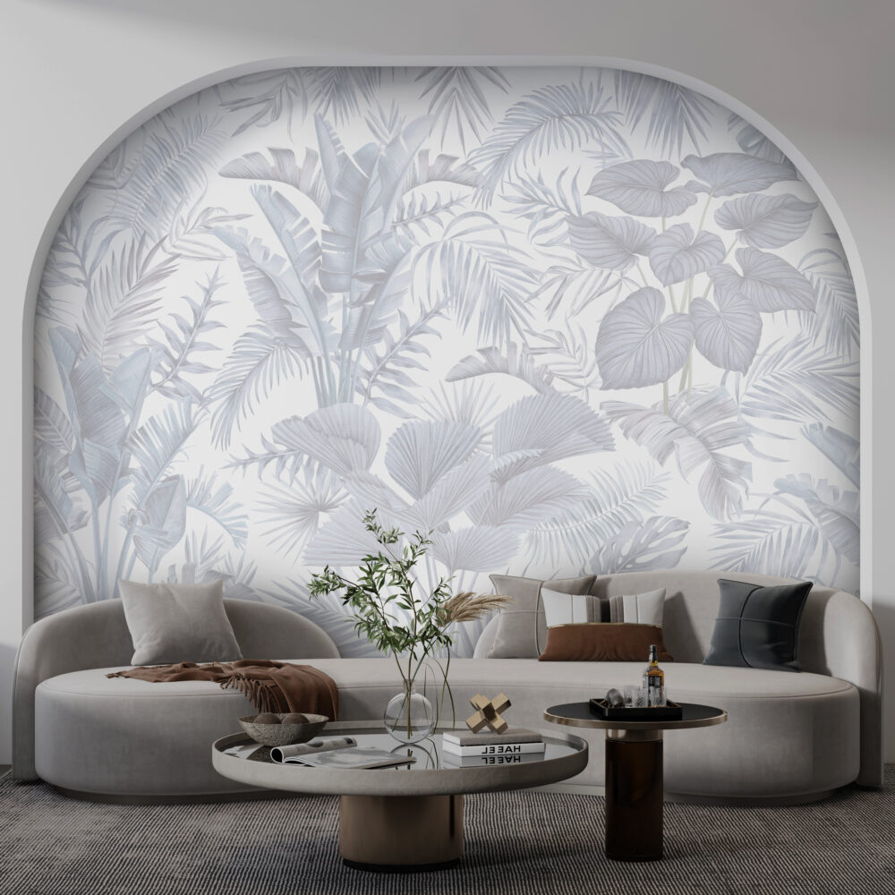 Soft Grey Leaves Wallpaper : Monochrome Palm Fronds Mural - View 6