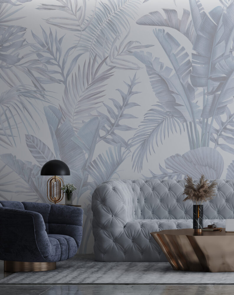 Soft Grey Leaves Wallpaper : Monochrome Palm Fronds Mural