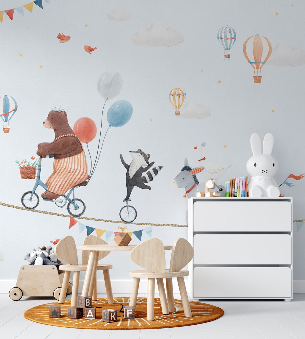 Circus Tightrope Animals Wallpaper : Kids Balloon Mural - View 4