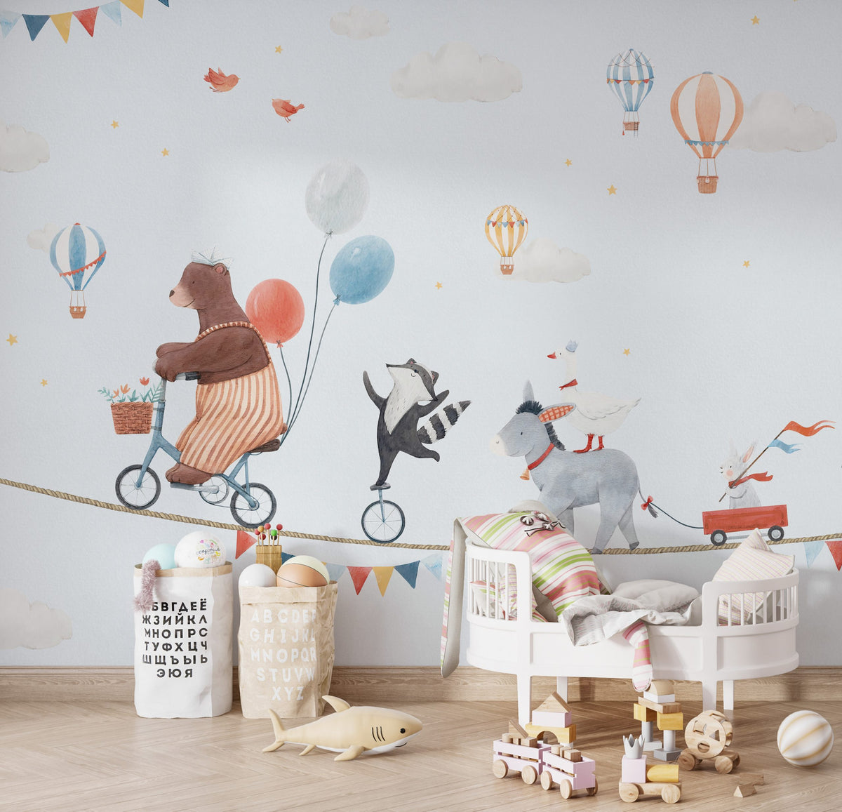 Circus Tightrope Animals Wallpaper : Kids Balloon Mural - View 3