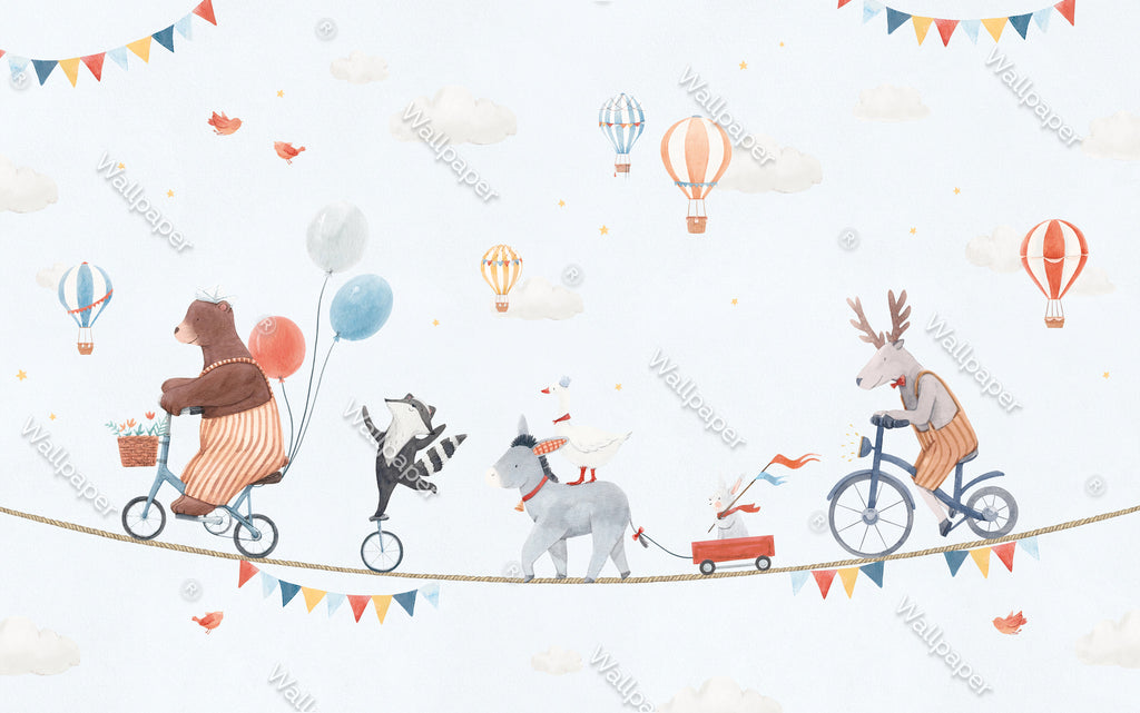Circus Tightrope Animals Wallpaper : Kids Balloon Mural - View 2