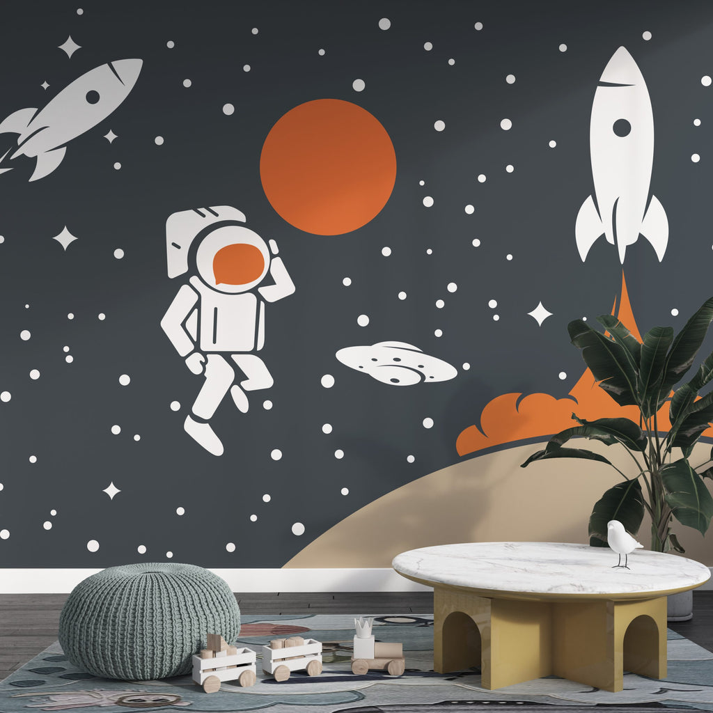 Rocket and Moon Wallpaper : Space Age Astronaut Kids Mural