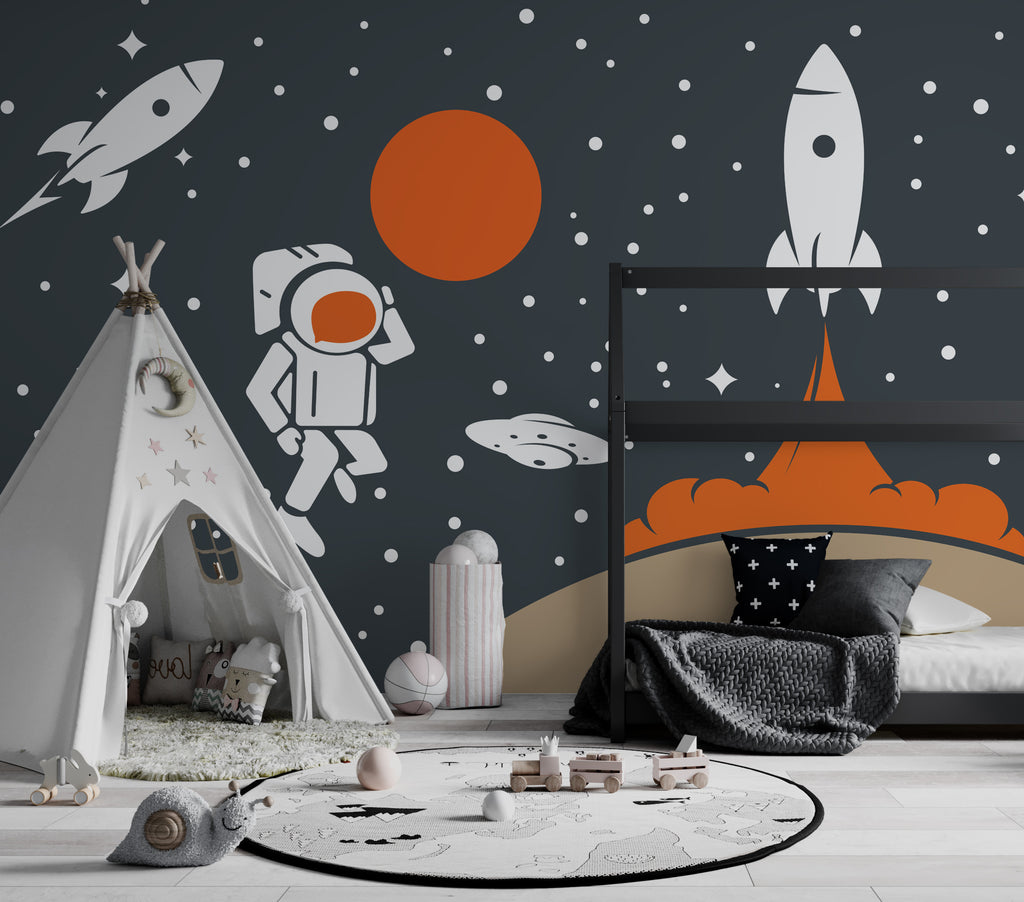 Rocket and Moon Wallpaper : Space Age Astronaut Kids Mural - View 6