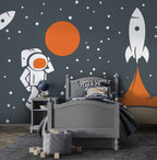 Rocket and Moon Wallpaper : Space Age Astronaut Kids Mural - View 5